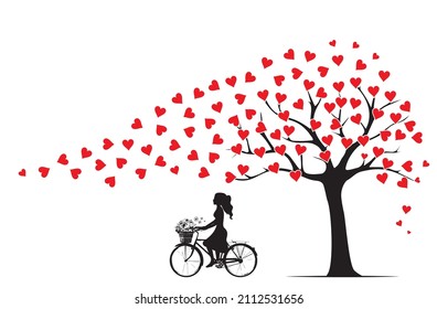 Tree illustration with red hearts like blowing leaves on wind and girl silhouette ridding a bicycle with basket with flowers isolated on white background. Romantic wall decals, wall art, artwork