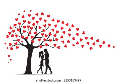 Tree Illustration With Red Hearts Like Blowing Leaves On Wind And Couple Silhouettes In Love Isolated On White Background. Romantic Wall Decals, Wall Art, Artwork