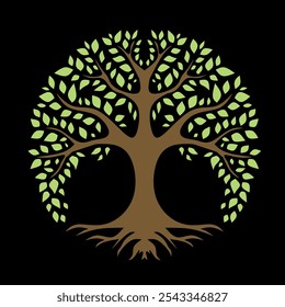 The tree illustration shows a symmetrical brown trunk and green leaves forming a round shape. eco friendly tree logo icon design isolated black background