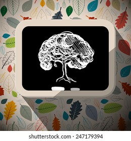 Tree Illustration - Sketch on Blackboard with Chalks on Retro Leaves Background