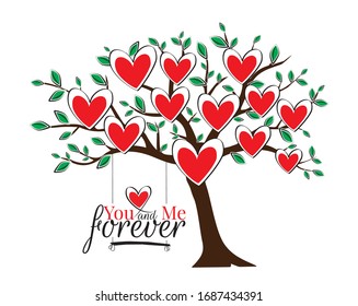 Tree illustration in spring with red hearts. vector. You and me forever. Romantic love wording design, lettering. Wall art, artwork