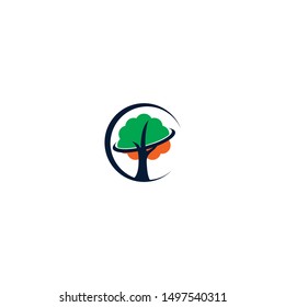Tree illustration with unique shape icon logo design, Green Navy Orange color template design.