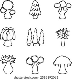 Tree image icon with outline style. One set consists of 9 icons, each with its own shape and uniqueness.