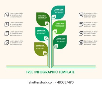 Tree Infographic With Icons, Numbers And Placeholder Text. Green Business Diagram, And Template. Vector Timeline And Industry Growth Chart.