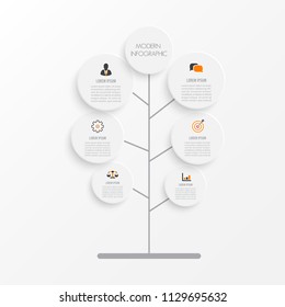 Tree infographic with icons, numbers and text. Green business diagram, and template. Vector timeline for content, diagram, flowchart, steps, parts, timeline infographics, workflow layout, 