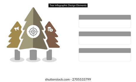 Infografía de árbol con destino, monedas y altavoces iconos y tres cuadros de texto listos