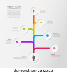 Tree infographics template with six diversity options in circles in various colors. Multipurpose infographic template with several branchings on light gray background