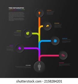 Tree infographics template with six diversity options in circles in various colors. Multipurpose infographic template with several branchings on dark gray background