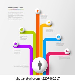 Tree infographics template with six diversity options in spheres in various colors. Multipurpose infographic template with several branchings on light gray background