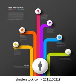 Tree infographics template with six diversity options in spheres in various colors. Multipurpose infographic template with several branchings on dark gray background