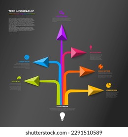 Tree infographics template with six diversity options. Multipurpose infographic template with several branchings on dark gray background and big pyramid triangle arrows