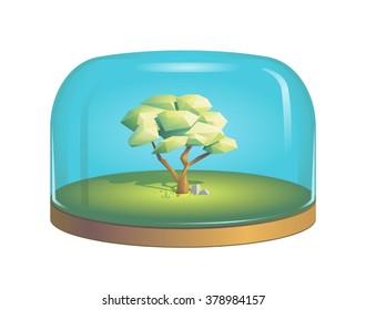 Tree inside a glass dome, preserving nature conceptual illustration.