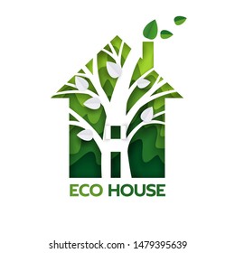 Tree inside of green house, vector illustration in paper art style. Ecology, save the planet, environment protection, eco house logo concept.