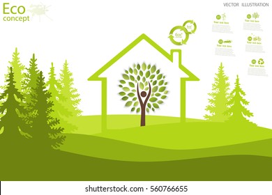 The tree inside the house on the green grass. Background. Environmentally friendly world. Vector illustration concept of ecology. Infographics.