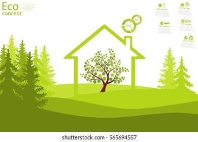 The tree inside the house on the green grass. The concept of ecology, to save the planet. Eco friendly. Environmentally friendly world. Background. Vector illustration concept of ecology. Infographics
