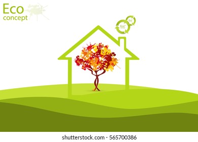 The tree inside the house on the green grass. The concept of ecology, to save the planet. Eco friendly. Environmentally friendly world. Vector illustration concept of ecology. Background. Infographics