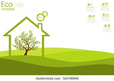 The tree inside the house on the green grass. The concept of ecology, to save the planet. Eco friendly. Environmentally friendly world. Vector illustration concept of ecology. Background. Infographics