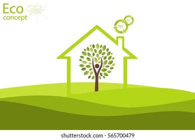 The tree inside the house on the green grass. The concept of ecology, to save the planet. Eco friendly. Environmentally friendly world. Vector illustration concept of ecology. Background. Infographics