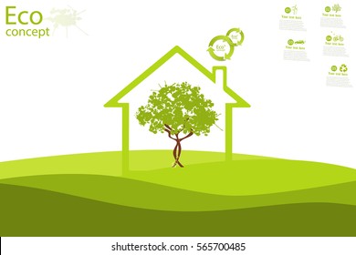The tree inside the house on the green grass. The concept of ecology, to save the planet. Eco friendly. Environmentally friendly world. Vector illustration concept of ecology. Background. Infographics