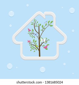 The tree inside the house on the greenblueof ecology, to save the planet
