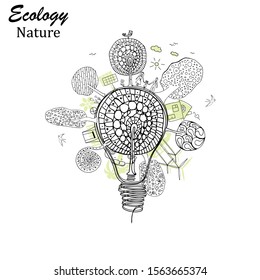 The tree inside the light bulb. Light bulb idea. Black-white doodle drawing. Ecological history concept of a happy family. Eco friendly. Environmentally friendly world. Vector illustration. Hand drawn
