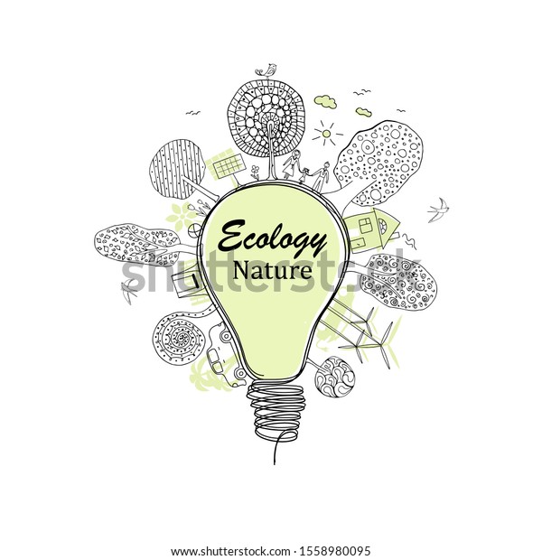 The tree inside the light bulb. Light bulb idea.\
Black-white doodle drawing. Ecological history concept of a happy\
family. Eco friendly. Environmentally friendly world. Vector\
illustration. Hand drawn