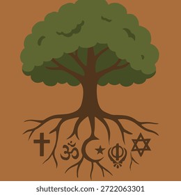 Tree with Interfaith Roots Symbolizing Deep Unity and Peace