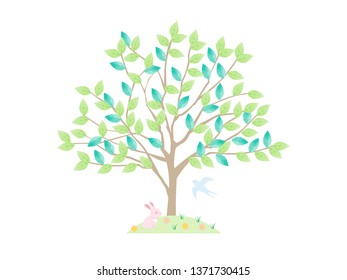 Tree isolated on a white background, bird, rabbit