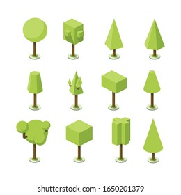 Tree in isometric green color  icon set with shadow  and brunch. Illustration of a tree plant of a different forms and  shape isolated on a white background.Garden botany design 
