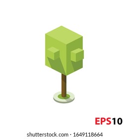 Tree in isometric green color with shadow  and brunch. Illustration of a tree plant of a parallelepiped shape isolated on a white background.Garden botany design 