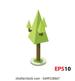 Árbol de color verde isométrico con sombra y brunch. Ilustración de una planta de árbol de forma triangular aislada en un fondo blanco.Diseño botánico de jardín 