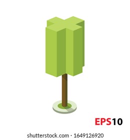 Tree in isometric green color with shadow  and brunch. Illustration of a tree plant of a cross shape isolated on a white background.Garden botany design 