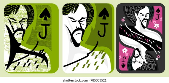 tree Japanese stylized Vintage style playing card with  jack of spades from full Card deck 