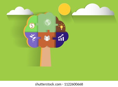 Tree jigsaw business idea creative ecology nature info graphics, vector art and illustration. with white and sun background, green color backdrop.