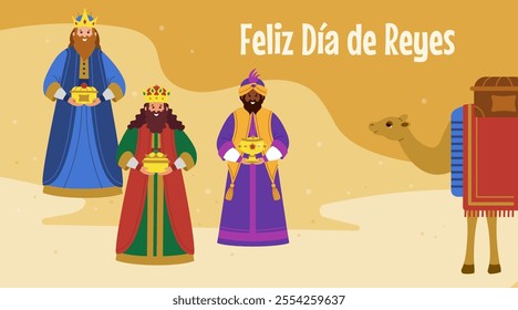 Tree kings,Three wise men bring gifts. Biblical kings Caspar, Melchior, Balthazar.Spanish text. Happy Epiphany.Vector illustration background