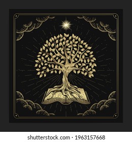 The tree of knowledge with ancient books with engraving, hand drawn, luxury, celestial, esoteric, boho style, fit for spiritualist, religious, paranormal, tarot reader, astrologer or tattoo vector