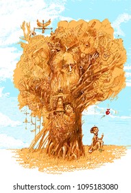 Tree of Knowledge. Back to school. Scientist makes discovery. Metaphor of scientific thought. Concept vector illustration