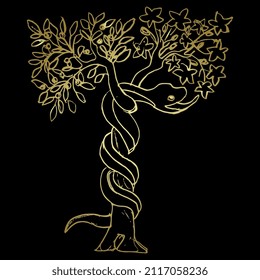 Tree of the knowledge of good and evil. Serpent snake in Eden garden. Biblical Christian symbol. Apple fruit of sin. Hand drawn linear doodle sketch. Golden glossy silhouette on black background.