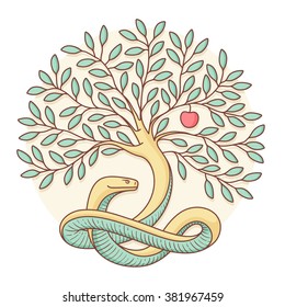 Tree of the knowledge of good and evil with snake and apple. Colorful design. Vector Illustration