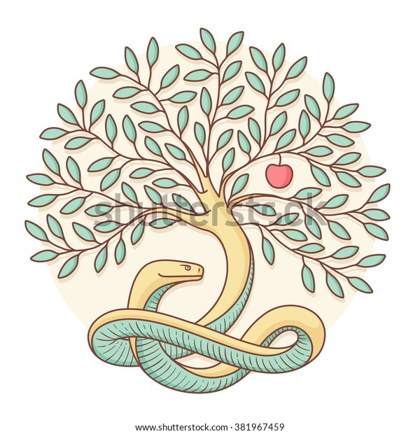 Tree of the knowledge of good\
and evil with snake and apple. Colorful design. Vector\
Illustration
