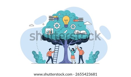 Tree of knowledge and innovation growing ideas with people learning and collaborating