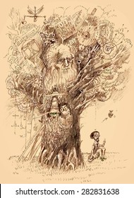 Tree of Knowledge.The scientist makes discovery. Pencil drawing. Vector illustration