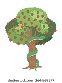 Tree of knowledge with serpent and apples 2D cartoon bible character. Temptation forbidden fruit. Garden Eden appletree with coiled snake flat vector isolated on white. Spot illustration colorful