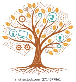 Tree of knowledge with technology and business icons on white background education