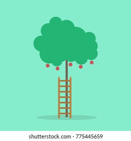 Tree and ladder. Harvest fruit. Flat design