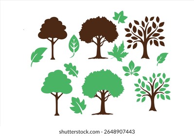 tree and laef, Green leaf and tree icons set isolated on white background vector illustration. Vegan, tree, plant, fresh, energy and healthy nutrition concept.Set of cartoon palm trees 