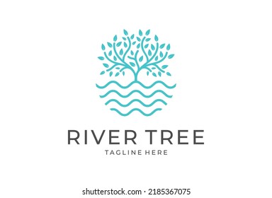 Tree Lake Logo Icon, River Tree Logo Circle Shape Design Vector Template