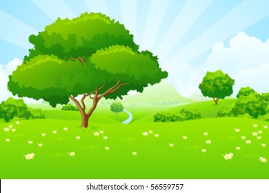 Tree Landscape with blue sky mountains flowers and clouds