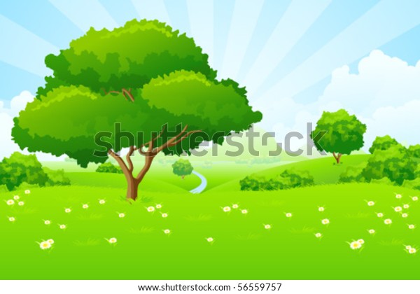 Tree Landscape Blue Sky Mountains Flowers Stock Vector (Royalty Free ...