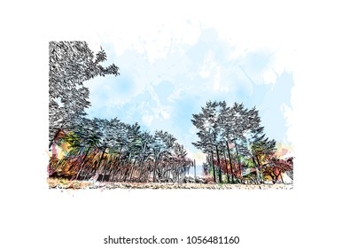 Tree with landscape in watercolor splash with hand drawn sketch illustration in vector.